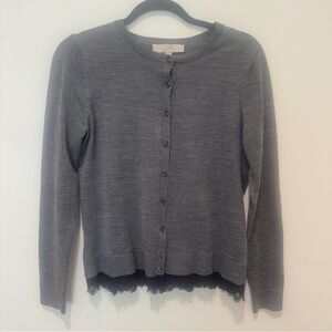 LOFT Ann Taylor Gray Knit Cardigan Sweater Black Lace Detail Size Medium